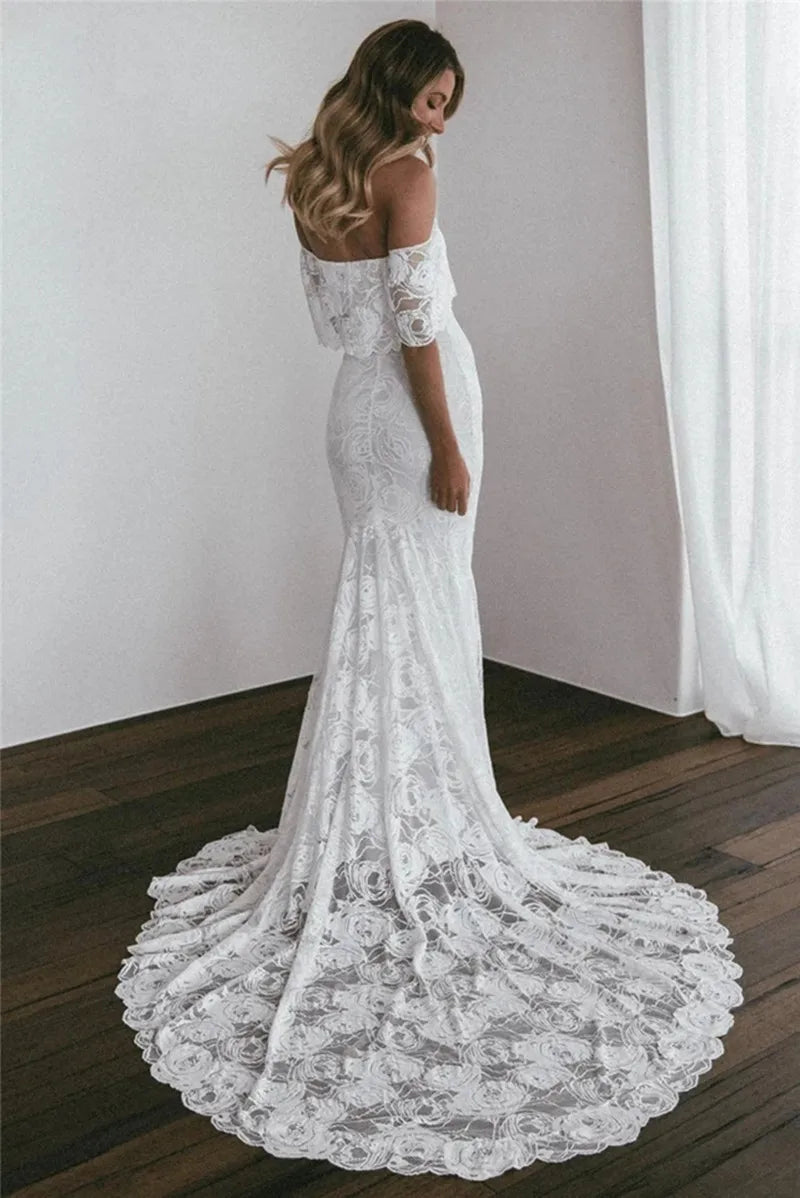 Lace Boho Wedding Dress Mermaid Off The Shoulder Bridal Dresses Bohemian Bridal Gowns Bride Dress Beach Vintage Vestido De Noiva