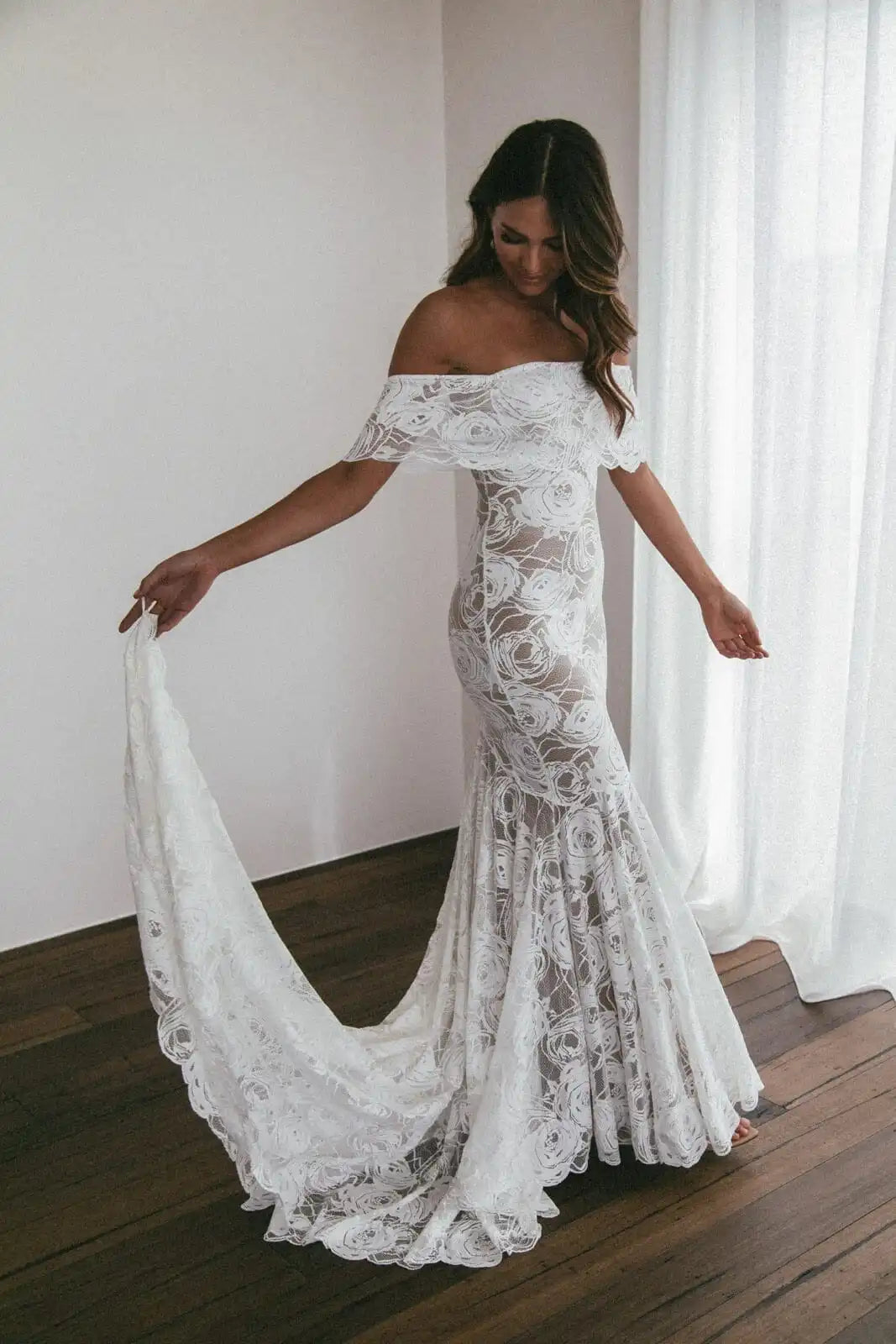 Lace Boho Wedding Dress Mermaid Off The Shoulder Bridal Dresses Bohemian Bridal Gowns Bride Dress Beach Vintage Vestido De Noiva