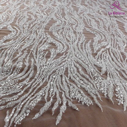 Tissu brodé de paillettes et de perles blanches nobles pour robes de mariée en dentelle