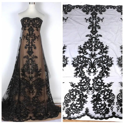 High quality Black large pattern on tulle embroidery lace fabric wedding dress/high-end dress lace fabric by yard