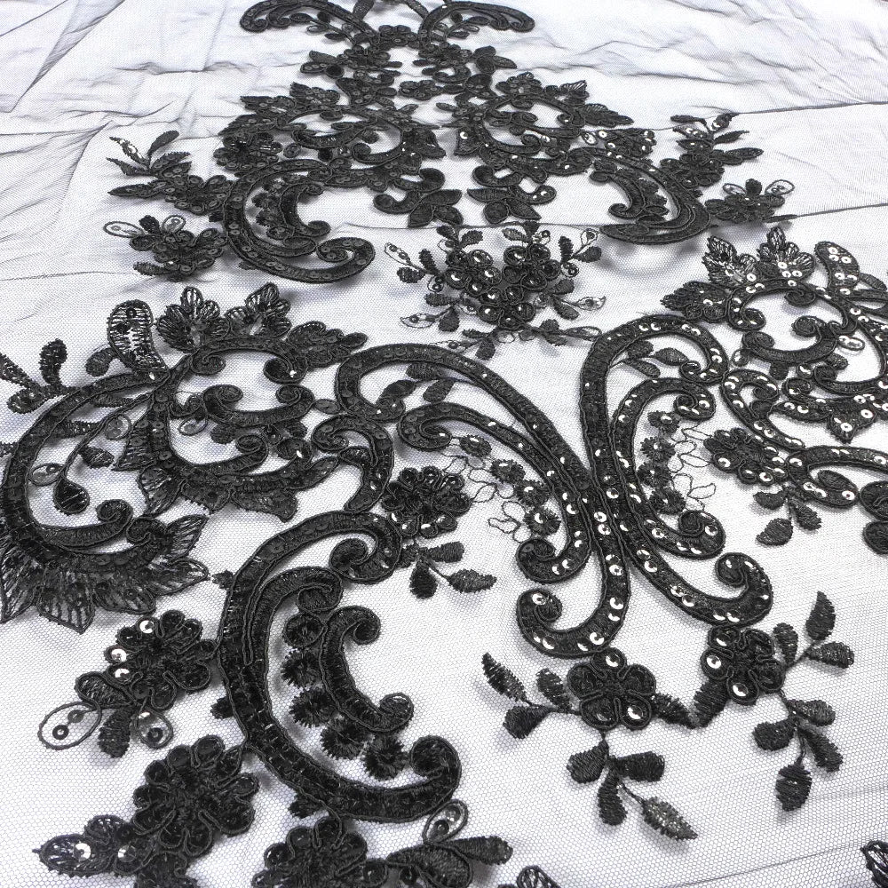 High quality Black large pattern on tulle embroidery lace fabric wedding dress/high-end dress lace fabric by yard