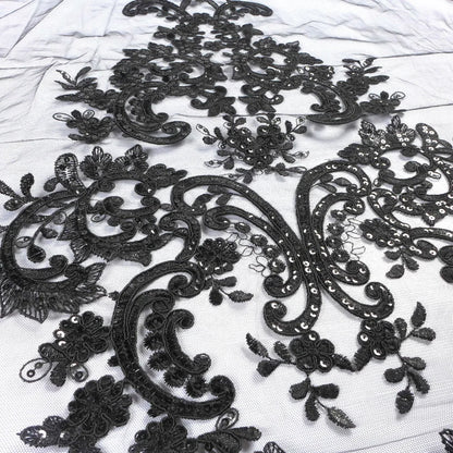 Tissu en dentelle brodée à gros motifs noirs de haute qualité pour robe de mariée/tissu en dentelle pour robe haut de gamme au mètre