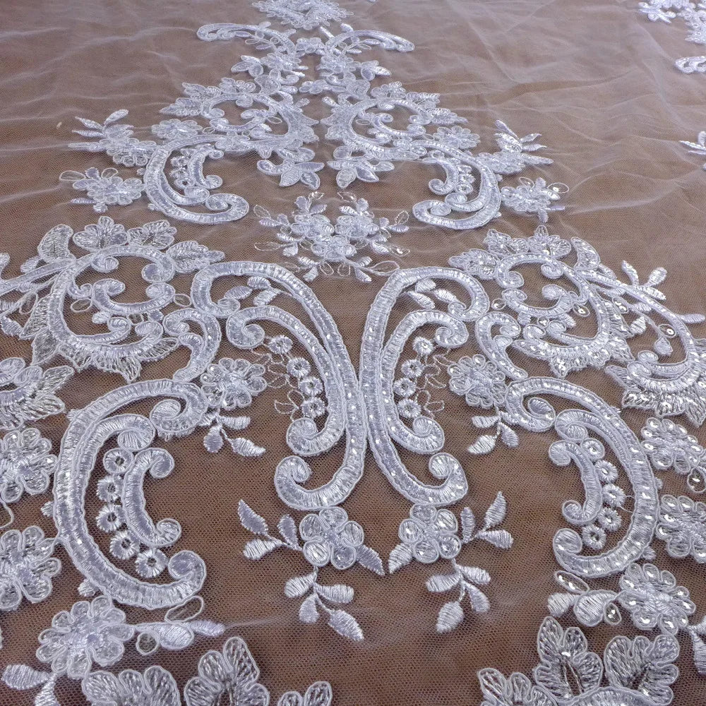 High quality Black large pattern on tulle embroidery lace fabric wedding dress/high-end dress lace fabric by yard