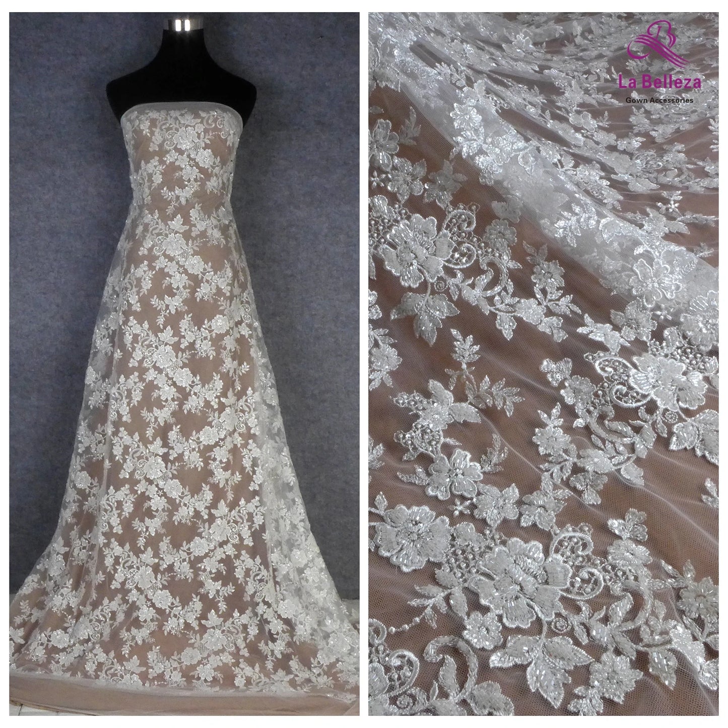 1 yarda de tela de lentejuelas con cuentas pesadas de color blanco de alta calidad con patrón floral, tela de encaje para vestido de novia cortado