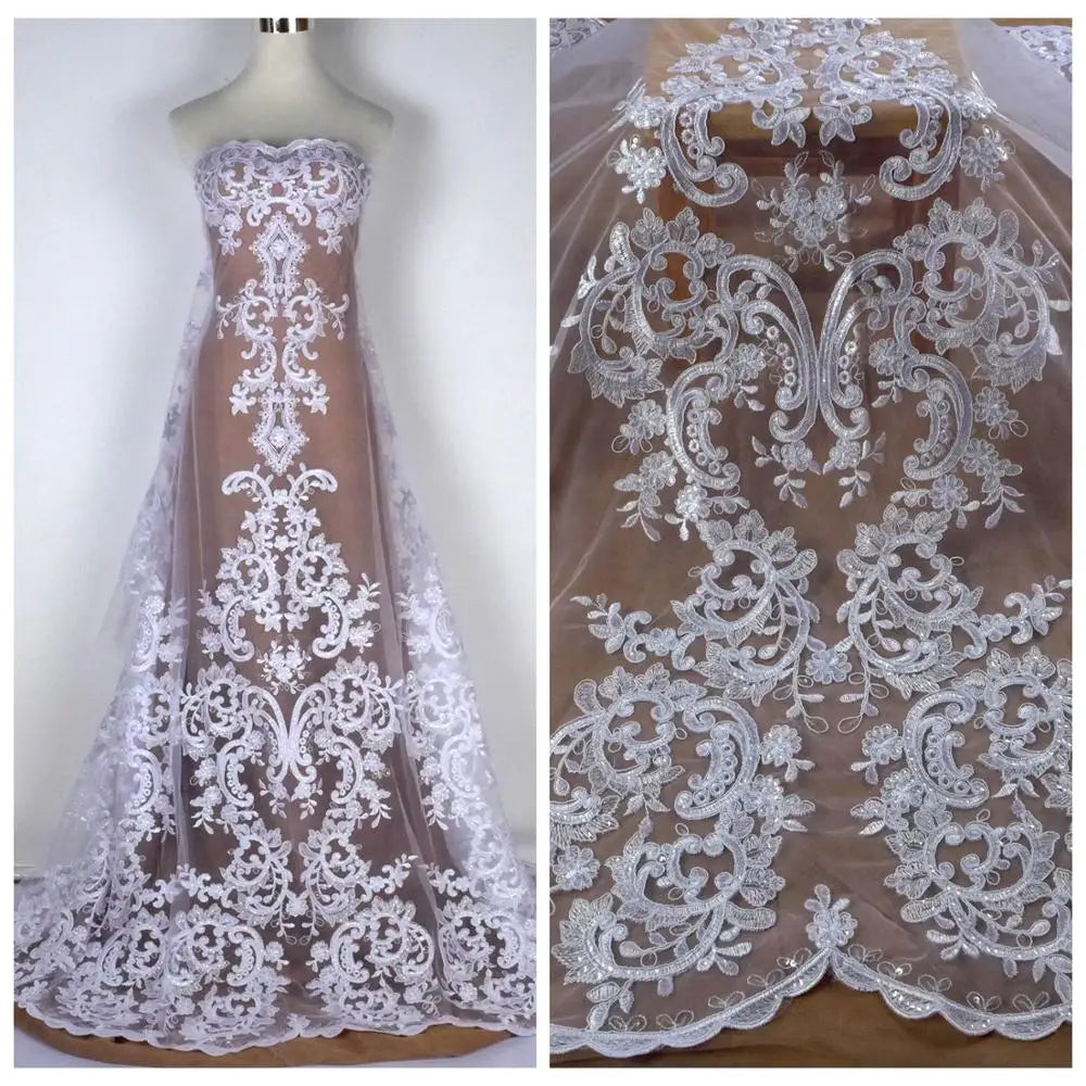 High quality Black large pattern on tulle embroidery lace fabric wedding dress/high-end dress lace fabric by yard