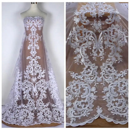 High quality Black large pattern on tulle embroidery lace fabric wedding dress/high-end dress lace fabric by yard