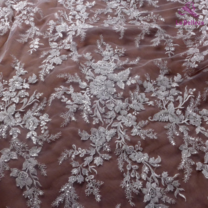 La Belleza 2021 Nouvelle mode mariée, tissu en dentelle ivoire, tissu en dentelle pour robe de mariée à perles blanc cassé 47'' largeur 1 yard