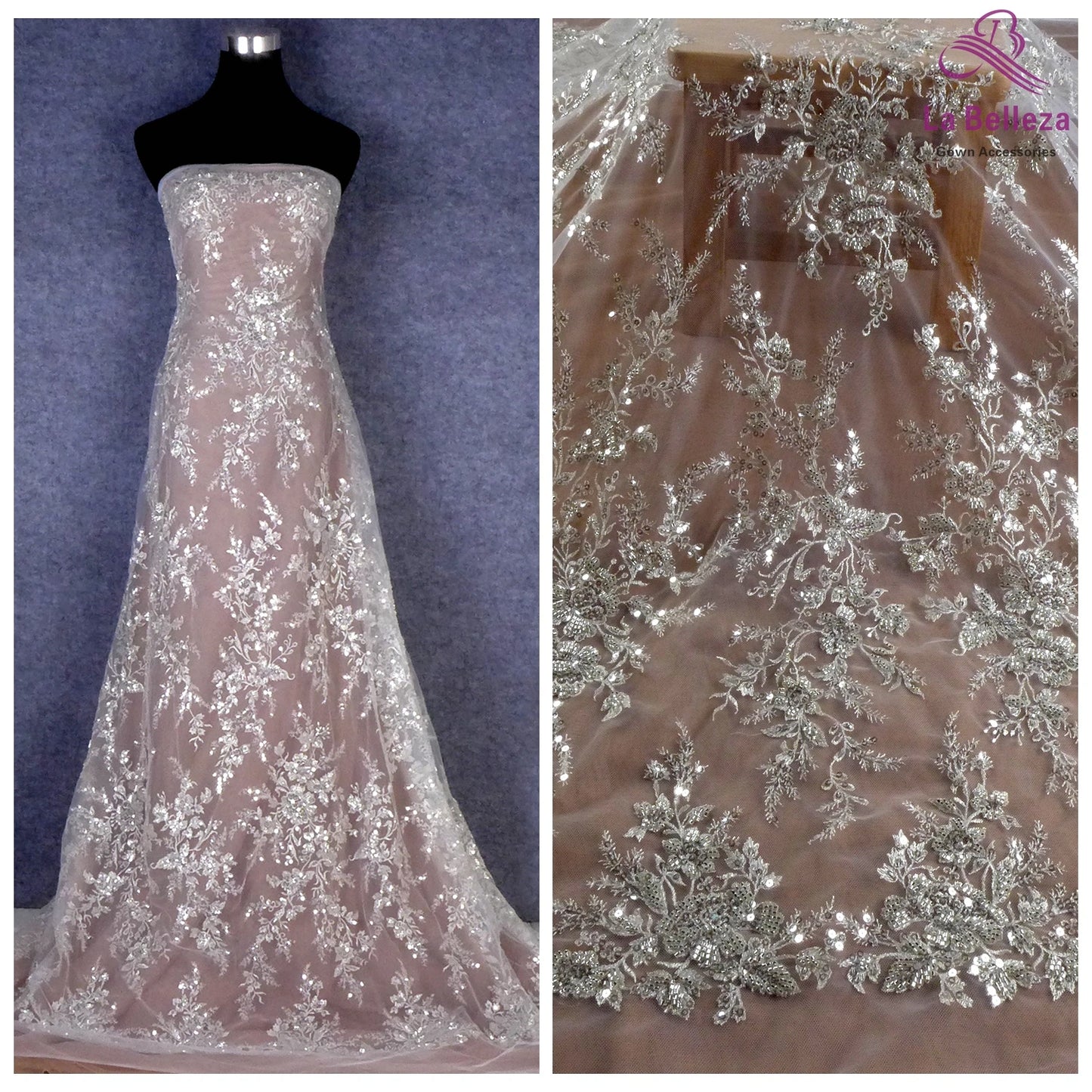 La Belleza 2021 Nueva moda nupcial, tela de encaje marfil, tela de encaje para vestido de novia con cuentas de color blanco roto, 47 '' de ancho, 1 yarda