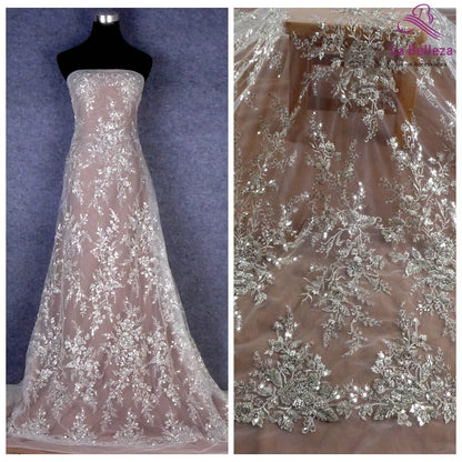 La Belleza 2021 Nouvelle mode mariée, tissu en dentelle ivoire, tissu en dentelle pour robe de mariée à perles blanc cassé 47'' largeur 1 yard