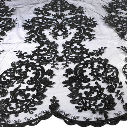 High quality Black large pattern on tulle embroidery lace fabric wedding dress/high-end dress lace fabric by yard