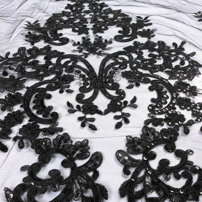 Tissu en dentelle brodée à gros motifs noirs de haute qualité pour robe de mariée/tissu en dentelle pour robe haut de gamme au mètre