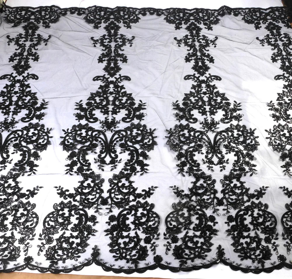 High quality Black large pattern on tulle embroidery lace fabric wedding dress/high-end dress lace fabric by yard