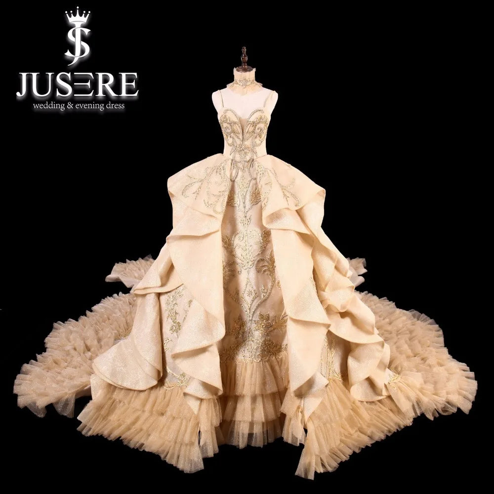 Robe de mariée luxueuse en or JUSERE, sans bretelles, dos nu, cathédrale/train royal, robes de bal de mariée, robes de princesse, robe de mariée