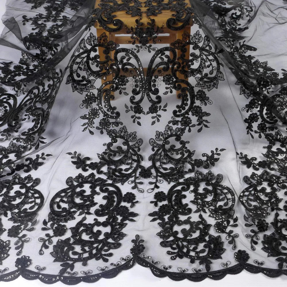 High quality Black large pattern on tulle embroidery lace fabric wedding dress/high-end dress lace fabric by yard