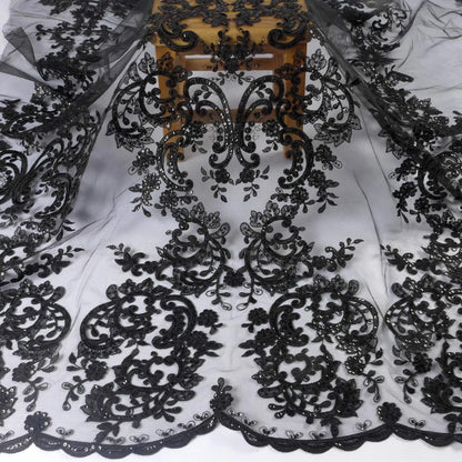 Tissu en dentelle brodée à gros motifs noirs de haute qualité pour robe de mariée/tissu en dentelle pour robe haut de gamme au mètre