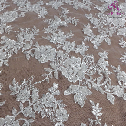 1 yard high quality white Heavy beaded sequin fabric floral pattern Lace fabric wedding dress cut