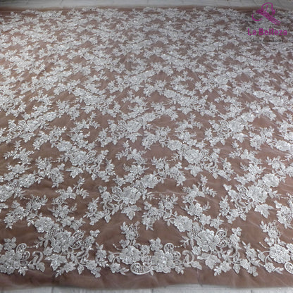 Tissu à paillettes perlées blanches de haute qualité de 1 yard, motif floral, tissu en dentelle pour robe de mariée