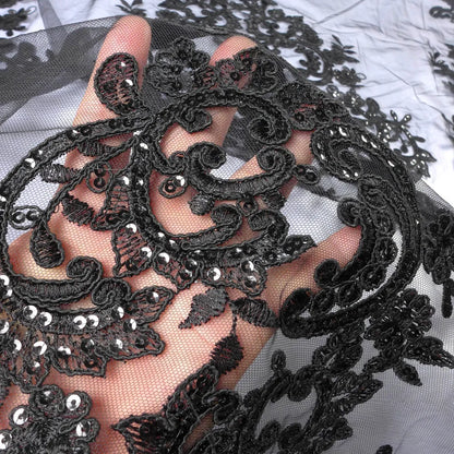 High quality Black large pattern on tulle embroidery lace fabric wedding dress/high-end dress lace fabric by yard