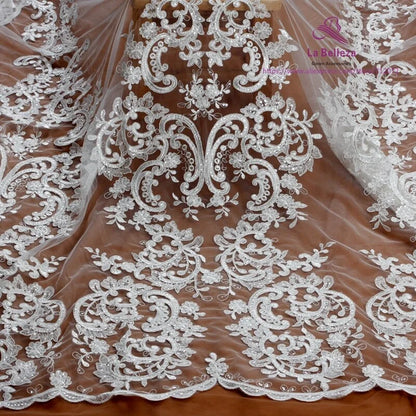 High quality Black large pattern on tulle embroidery lace fabric wedding dress/high-end dress lace fabric by yard