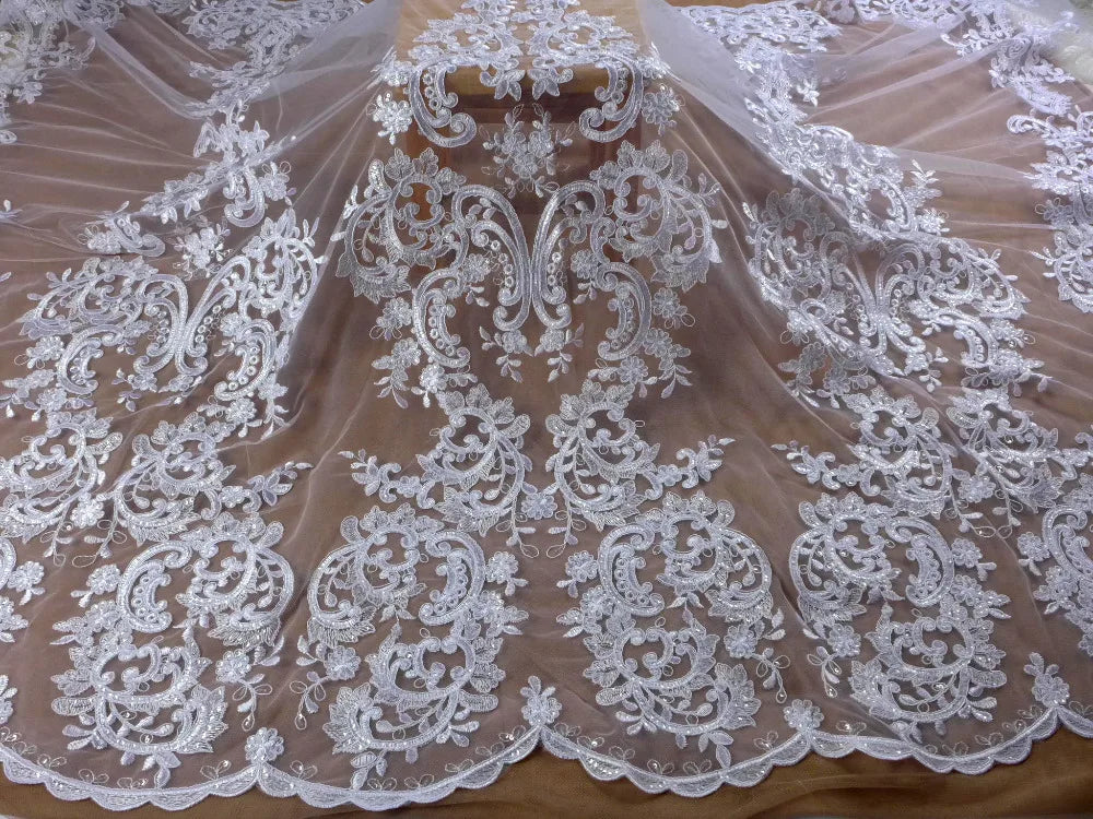 High quality Black large pattern on tulle embroidery lace fabric wedding dress/high-end dress lace fabric by yard