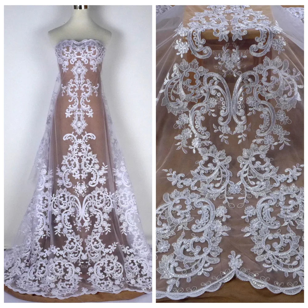 High quality Black large pattern on tulle embroidery lace fabric wedding dress/high-end dress lace fabric by yard