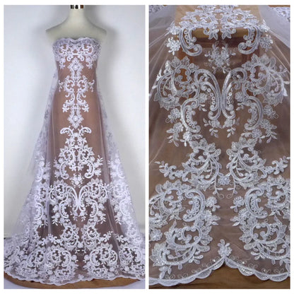 Tissu en dentelle brodée à gros motifs noirs de haute qualité pour robe de mariée/tissu en dentelle pour robe haut de gamme au mètre