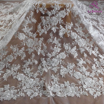 1 yarda de tela de lentejuelas con cuentas pesadas de color blanco de alta calidad con patrón floral, tela de encaje para vestido de novia cortado