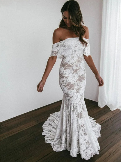 Lace Boho Wedding Dress Mermaid Off The Shoulder Bridal Dresses Bohemian Bridal Gowns Bride Dress Beach Vintage Vestido De Noiva