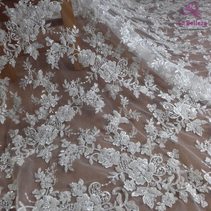 Tissu à paillettes perlées blanches de haute qualité de 1 yard, motif floral, tissu en dentelle pour robe de mariée