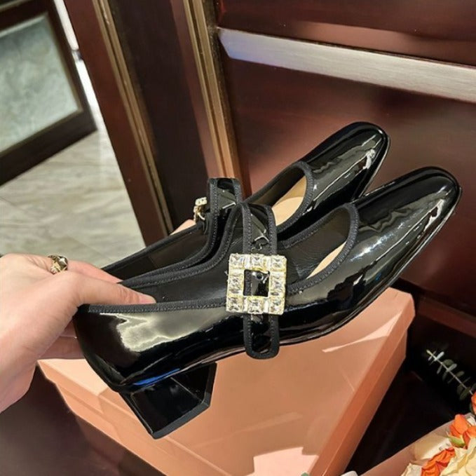 Zapatos de mujer con tacón grueso y hebilla cuadrada de diamantes de imitación