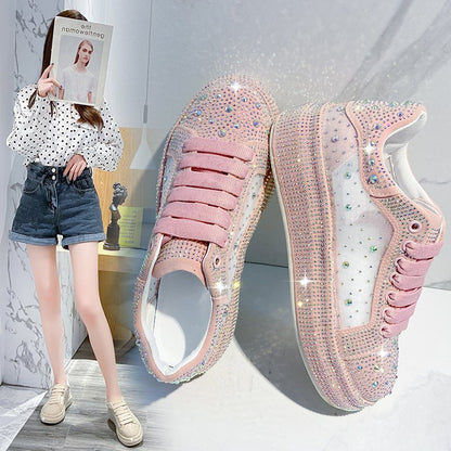 Thick-soled Mesh, Rhinestone White Shoes