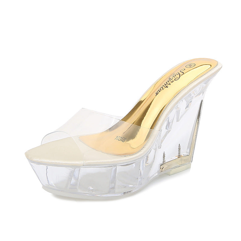 Zapatos de mujer con tacón de cuña de 15 cm y plataforma impermeable de cristal transparente