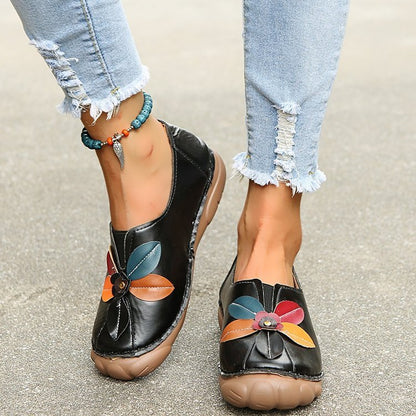 Zapatos sencillos para mujer, mocasines bajos con punta redonda y diseño retro de flores