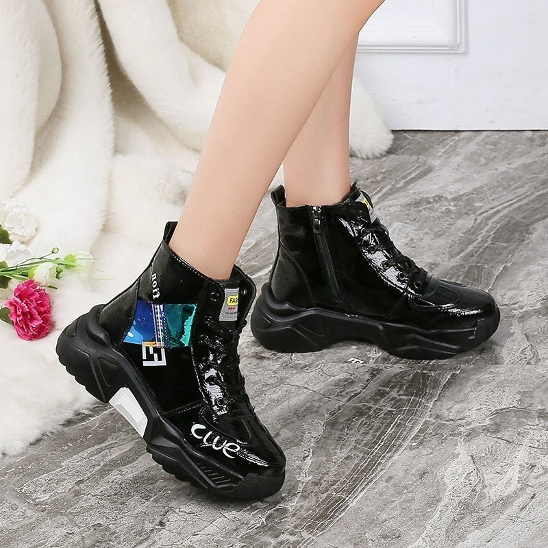 Tendon Sole Women's Shoes Patent Leather Platform Single Shoes Platform Sneakers