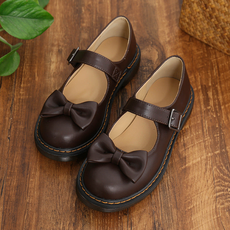 Round Head British Style Mary Jane Female Flat Shoelace Cute Bow Lady Brown