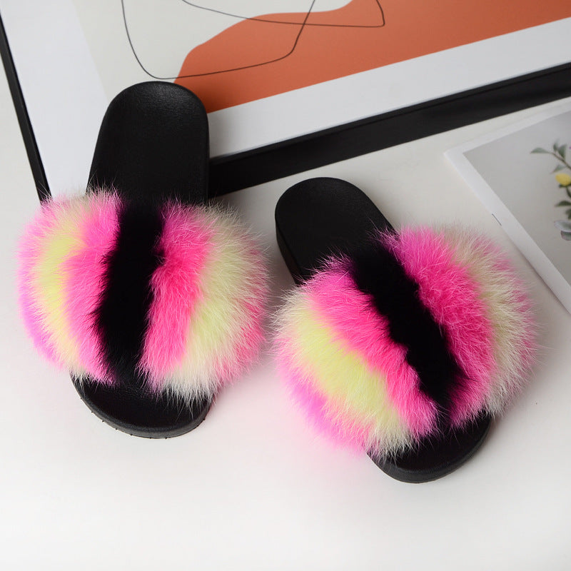 Women Wearing Hairy Slippers Outside Sandals