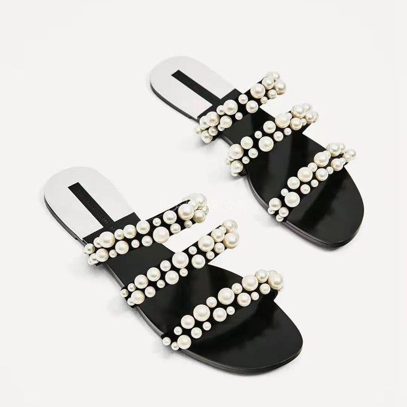 New Women's Shoes Casual Fashion Flat-heeled Flat Open-toe Sandals And Slippers With Pearl Decoration