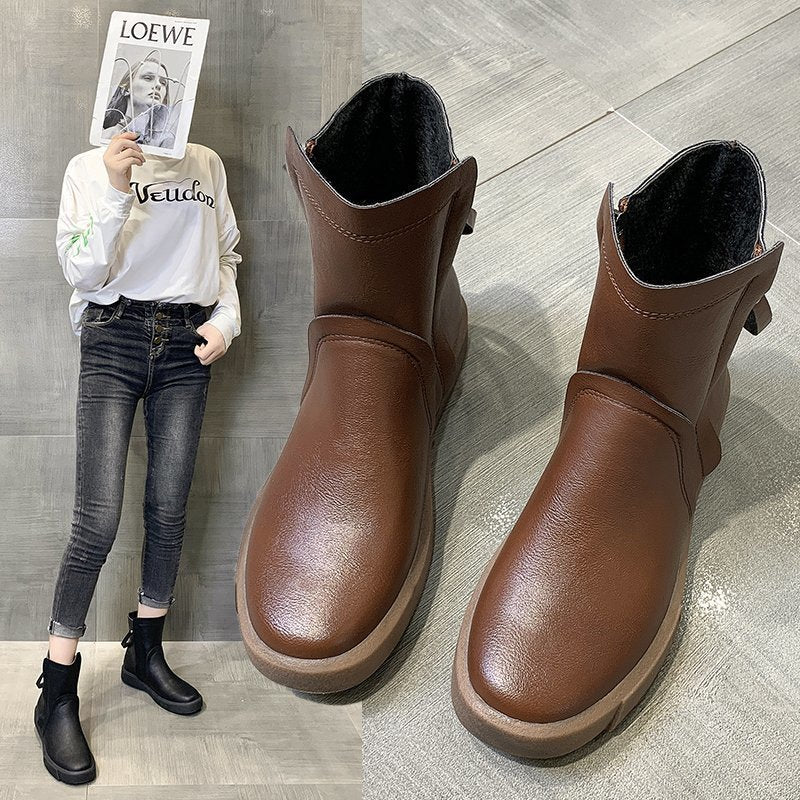 All-match  Solid Color Double Zipper Short Boots Women