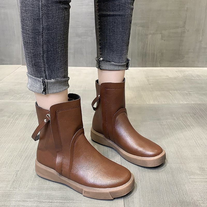 All-match  Solid Color Double Zipper Short Boots Women