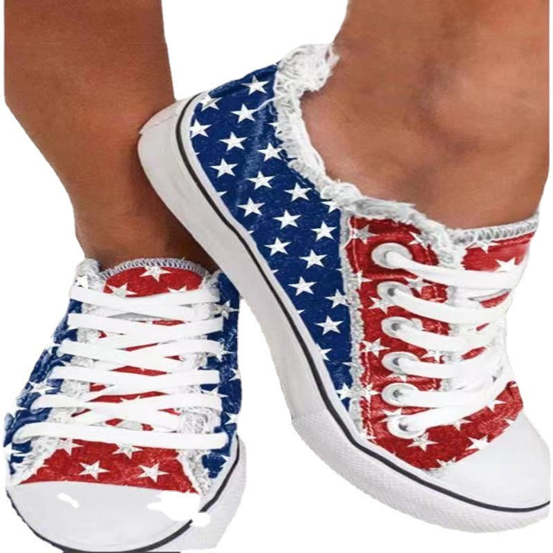 Lace-up Women's Plus Size Flat Color-blocking Canvas Shoes