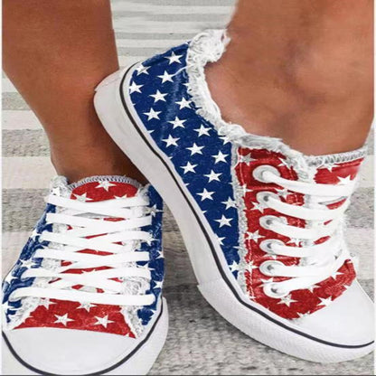 Lace-up Women's Plus Size Flat Color-blocking Canvas Shoes