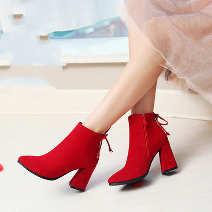 Zapatos de boda Boda de invierno Botas cortas Tacón grueso Zapatos de novia rojos Tacones altos