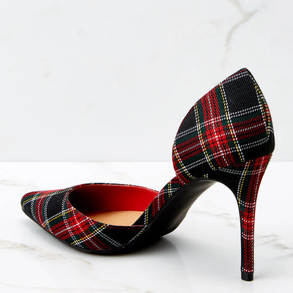 Fashion Thick High-heeled Plaid Pointed Hollow Sandals Women