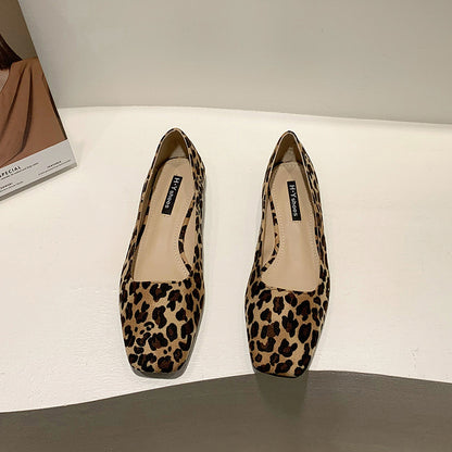 Korean Style Square Toe Zebra Pattern Thick Heel Flat Shoes Versatile Shallow Mouth