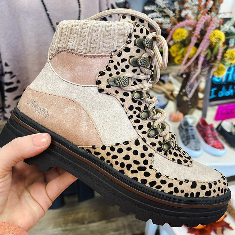 Botas de leopardo para mujer, botas Martin con cordones, zapatos de tacón bajo para invierno