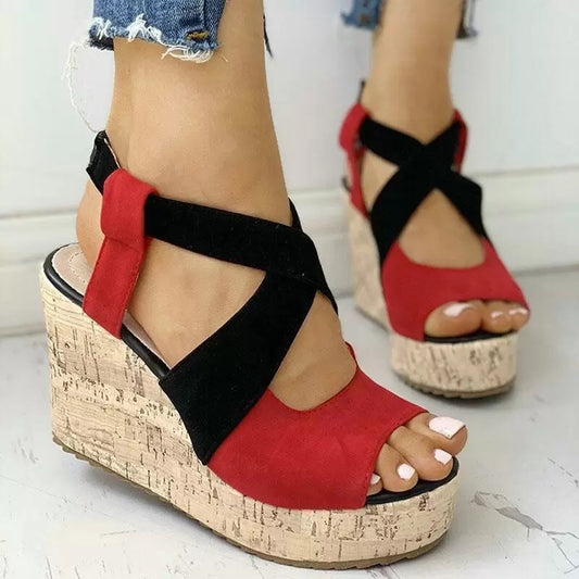 Sandalias de verano con plataforma y tiras cruzadas y tacón de cuña para mujer