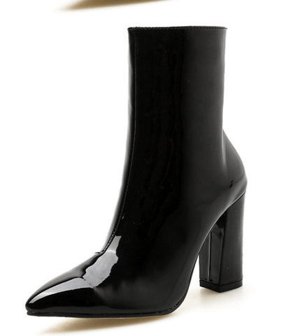 Patent Leather Fabric Pointed Toe Chunky Heel High-heel Zipper Knight Boots