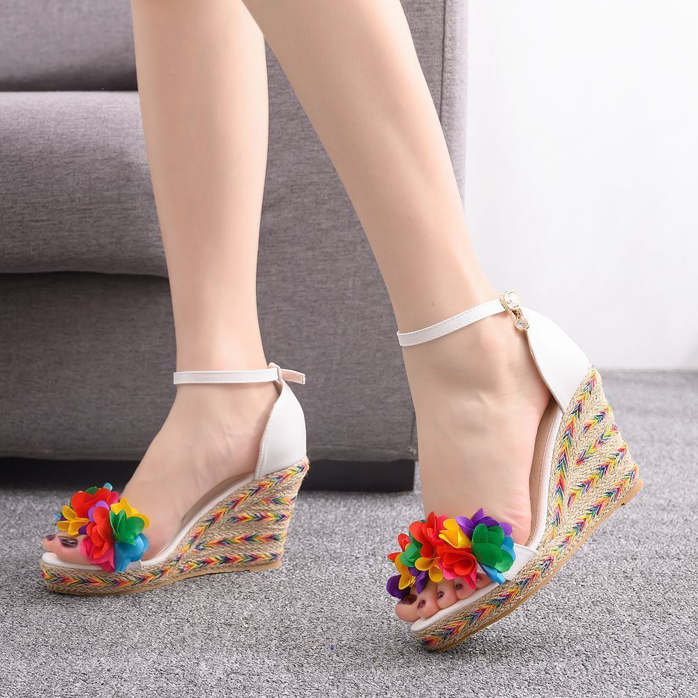 Colorful Flower Fish Mouth Wedge Sandals White Wedge Sandals