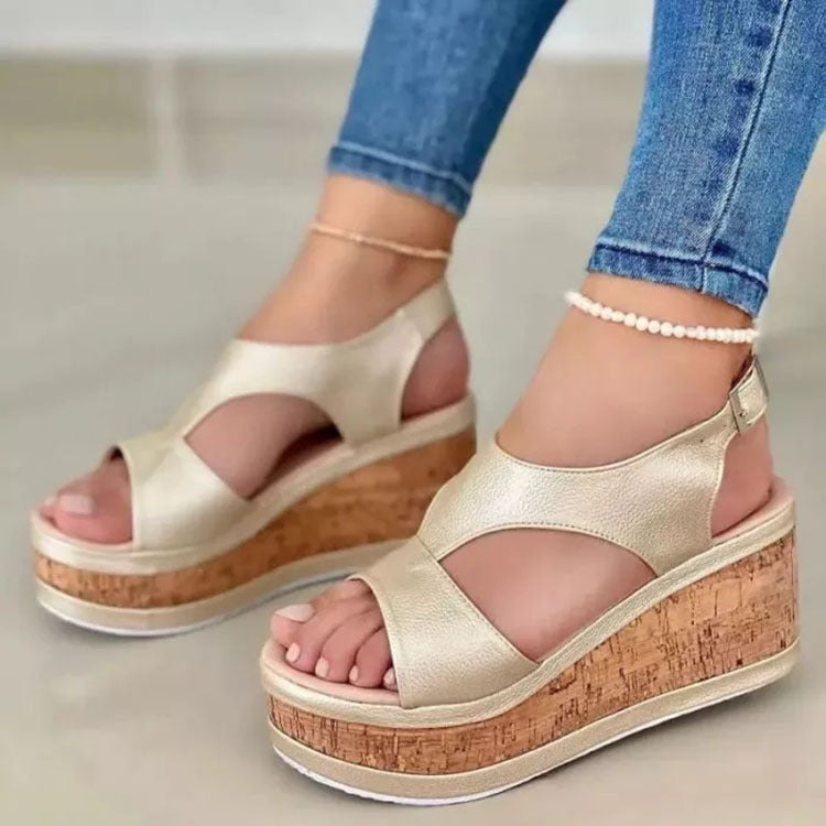 Sandalias de cuña con boca de pez para mujer, suela gruesa, bizcocho