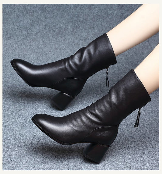 Women's Mid-heel Retro Back Zipper Mid-boots